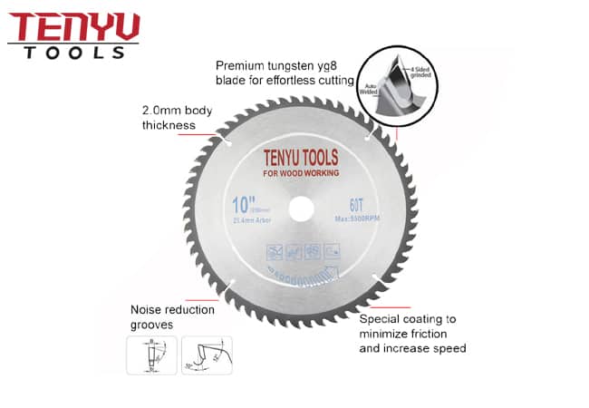 Hoja de sierra circular para madera de carburo de 10 pulgadas y 60 dientes