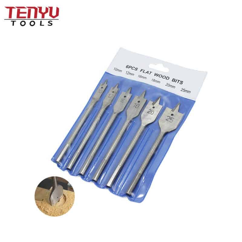 6pcs hex shank flat wood spade paddle drill bit set in pvc pouch with silver surface for wood drilling