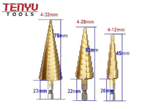 Conjunto de 3 peças de broca reta de carboneto de tungstênio com revestimento de titânio de 3 peças conjunto de brocas cônicas escalonadas Hss