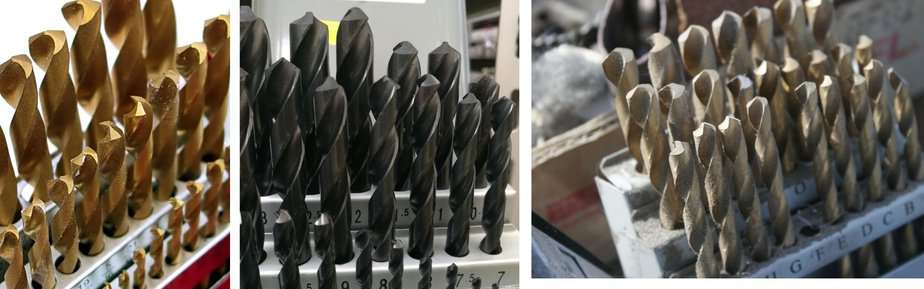 Gold oxide drill bits grouped and lined up