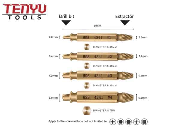 HSS 4341 Titanium Coated 4Pcs Damaged Screw Extractor Set for Quick Remove All Kinds of Broken Stripped Screw