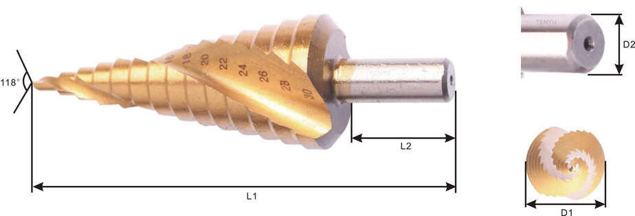 Broca cónica escalonada de acero de alta velocidad de óxido negro con vástago hexagonal de 3 uds con flauta en espiral