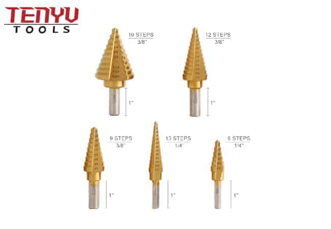 6Pcs HSS Spiral Titanium Coated Step Drill Bits 1/4 Hex Shank with Punch Tool Set