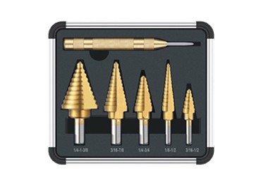 6Pcs HSS Spiral Titanium Coated Step Drill Bits 1/4 Hex Shank with Punch Tool Set