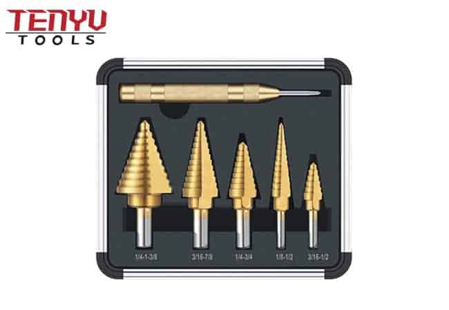 6Pcs HSS Spiral Titanium Coated Step Drill Bits 1/4 Hex Shank with Punch Tool Set