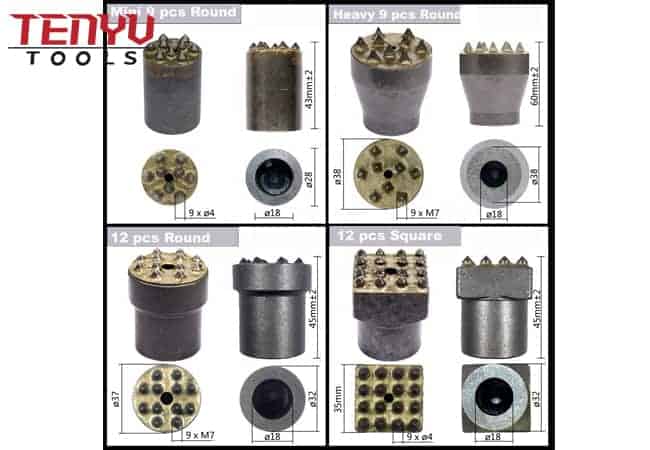 Electric Square 17 A/F Hex Shank Concrete Tooth Head Bushing Hammer Tool Chisel for Demolition and Concrete Breaker