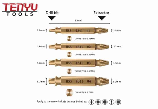Juego de extractores de tornillos dañados de velocidad profesional de 4 piezas para quitar pernos