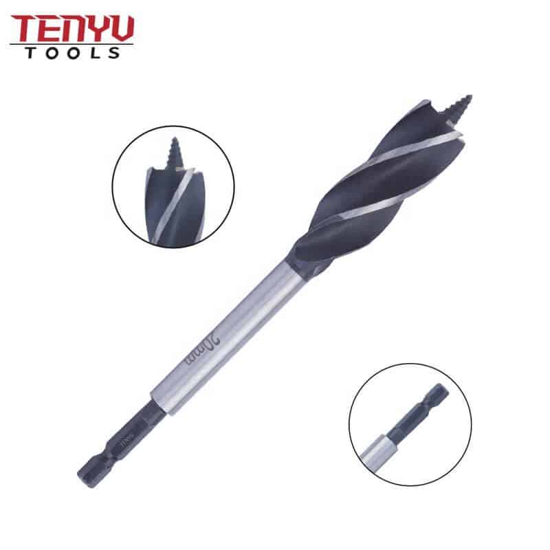 quick change hex shank four black flutes double spurs wood auger drill bit with slot for wood speed drilling