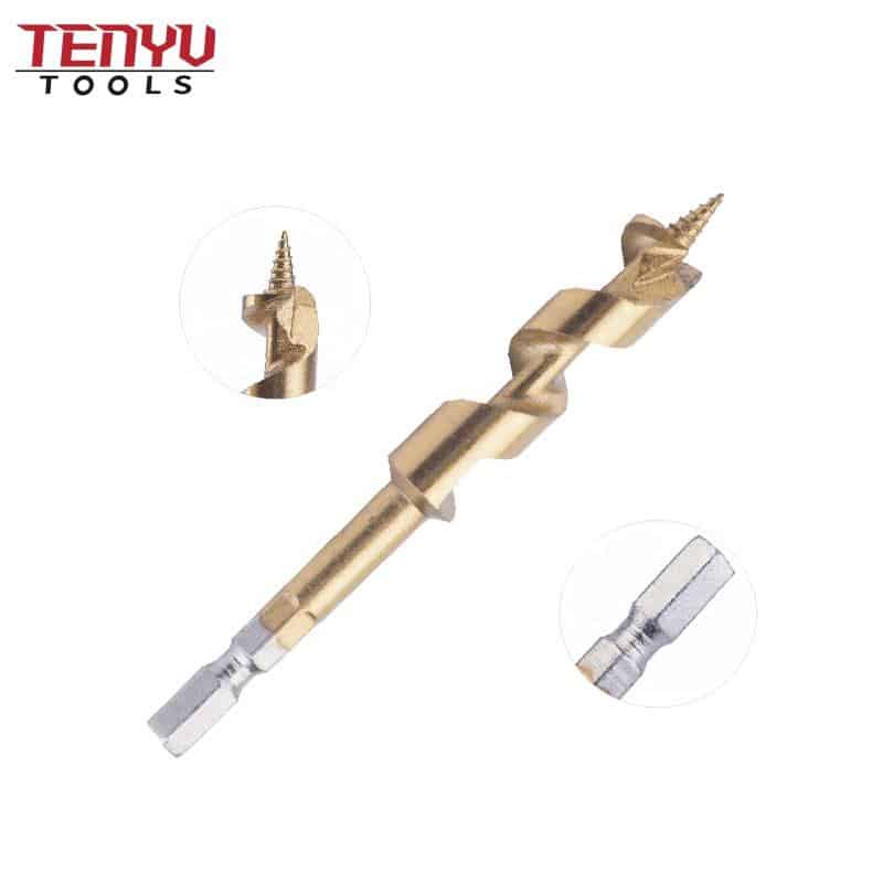 short length titanium coated wood auger drill bit with quick change hex shank for wood drilling