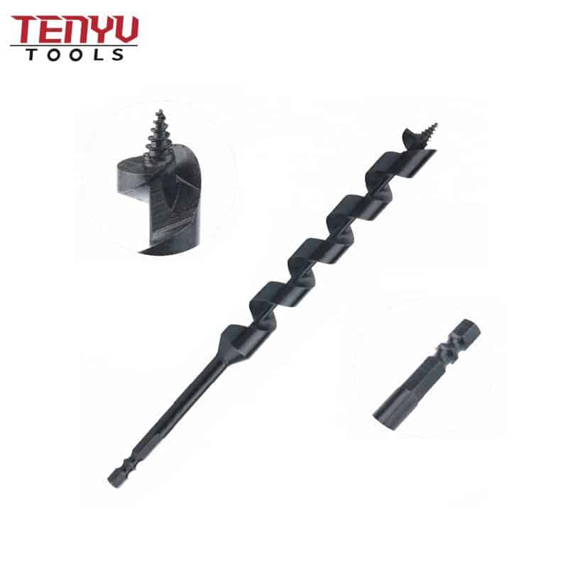 tpfe coating double r hex shank single flute black finish wood auger drill bit for wood drilling