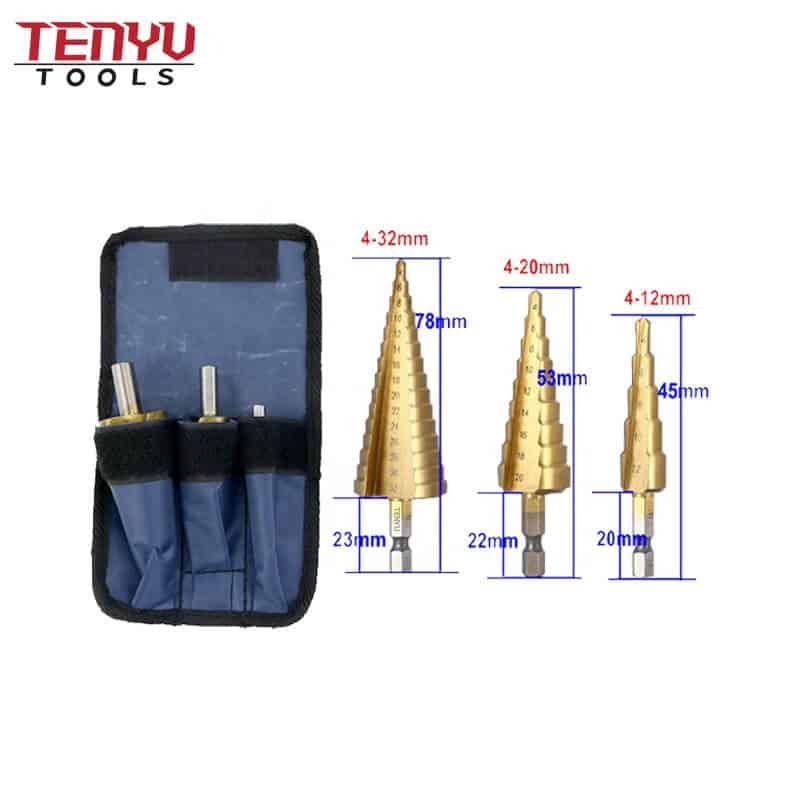 Juego de brocas escalonadas recubiertas de titanio de carburo de tungsteno de flauta recta de 3 uds para metal