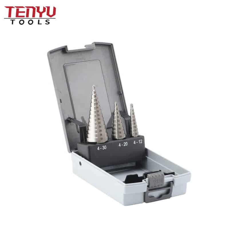 Juego de brocas escalonadas de vástago redondo de tamaño métrico con superficie plateada en caja de plástico para corte de metal