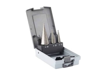 Metall-Stufenbohrer-Set mit rundem Schaft und silberner Oberfläche, metrisch, mit Kunststoffbox